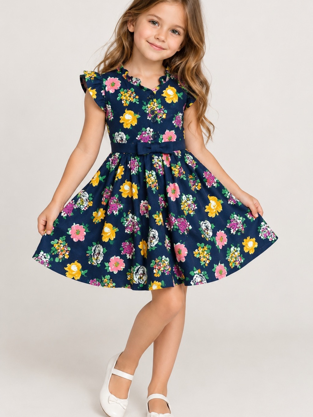 Janie and Jack Girls Floral Dress Navy Blue Cotton Blend Size 6